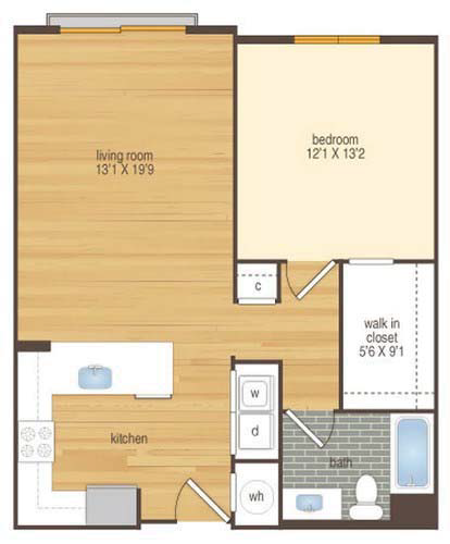 Floor plan for 1 bed, 1 bath, 803 sqft